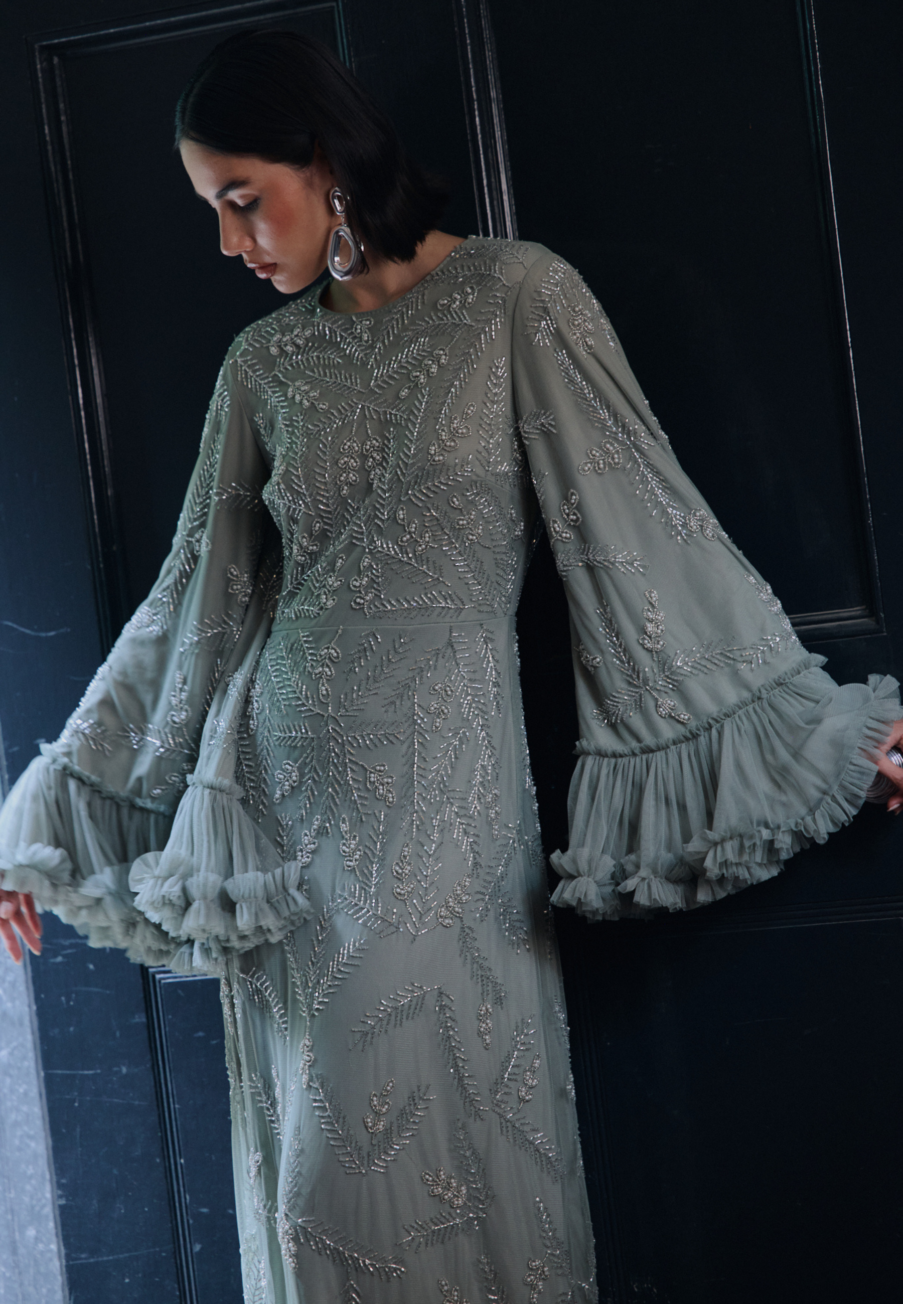slim fit dress slacks Suki Metallic Knit Maxi Dress / Pastel Green | Meshki main image 1