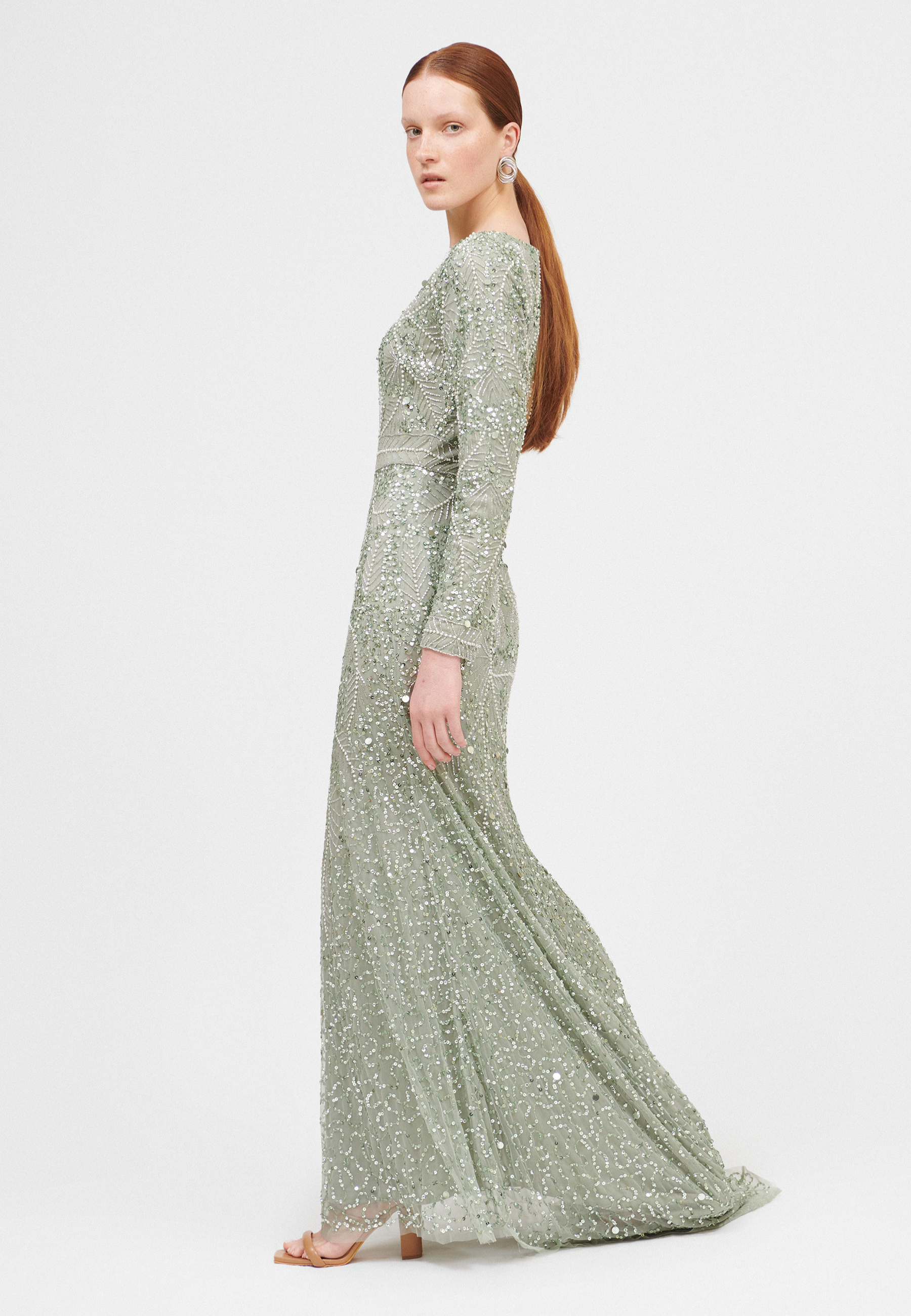 Stylish Modest Maxi Dresses Sila Long Sleeve Embellished Maxi Dress In Sage Green Stylish Modest Maxi Dresses Sila Long Sleeve Embellished Maxi Dress In Sage Green