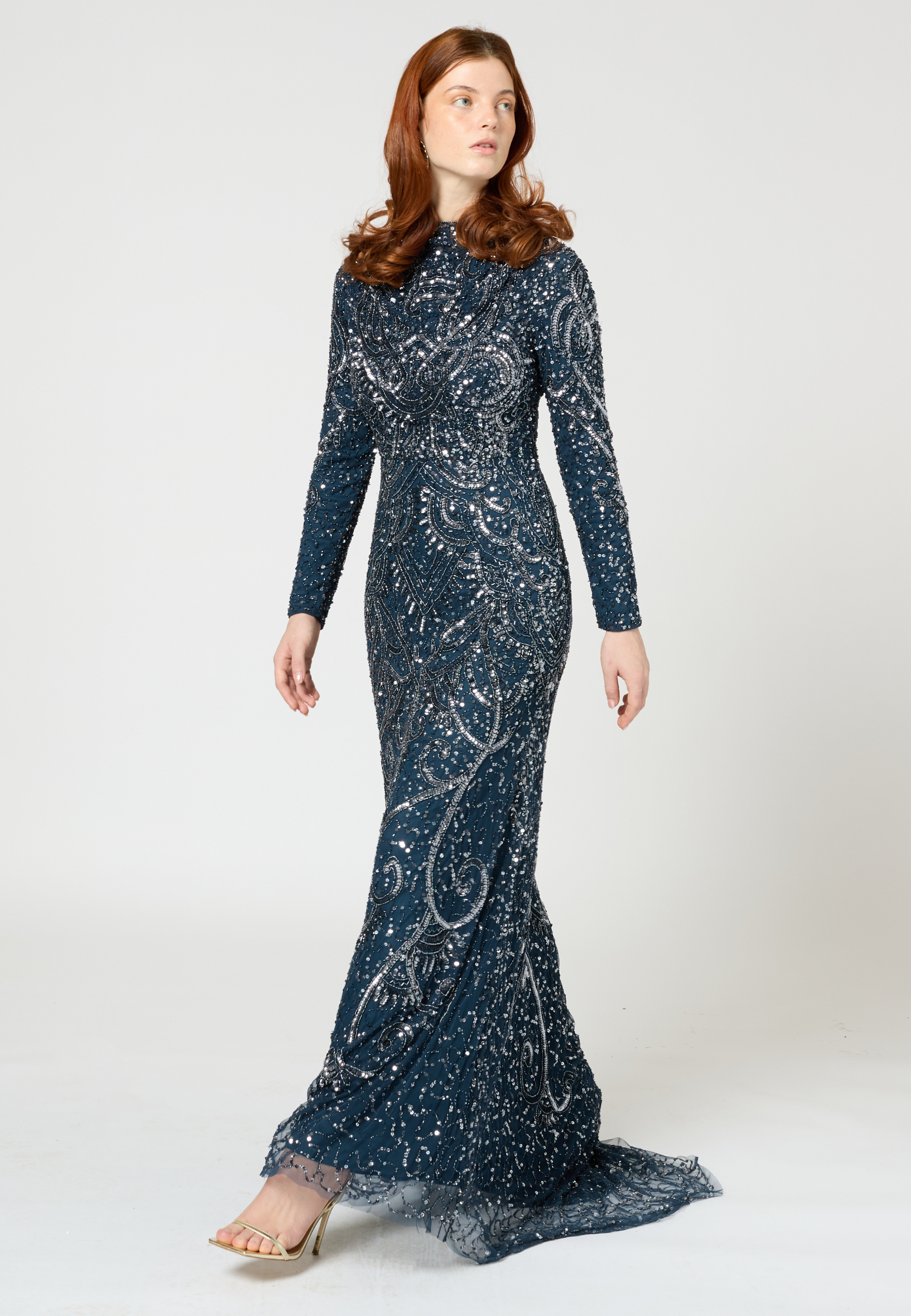 Ahlam Modest Embellished Sequin Maxi Dress | MTZ250308NVY