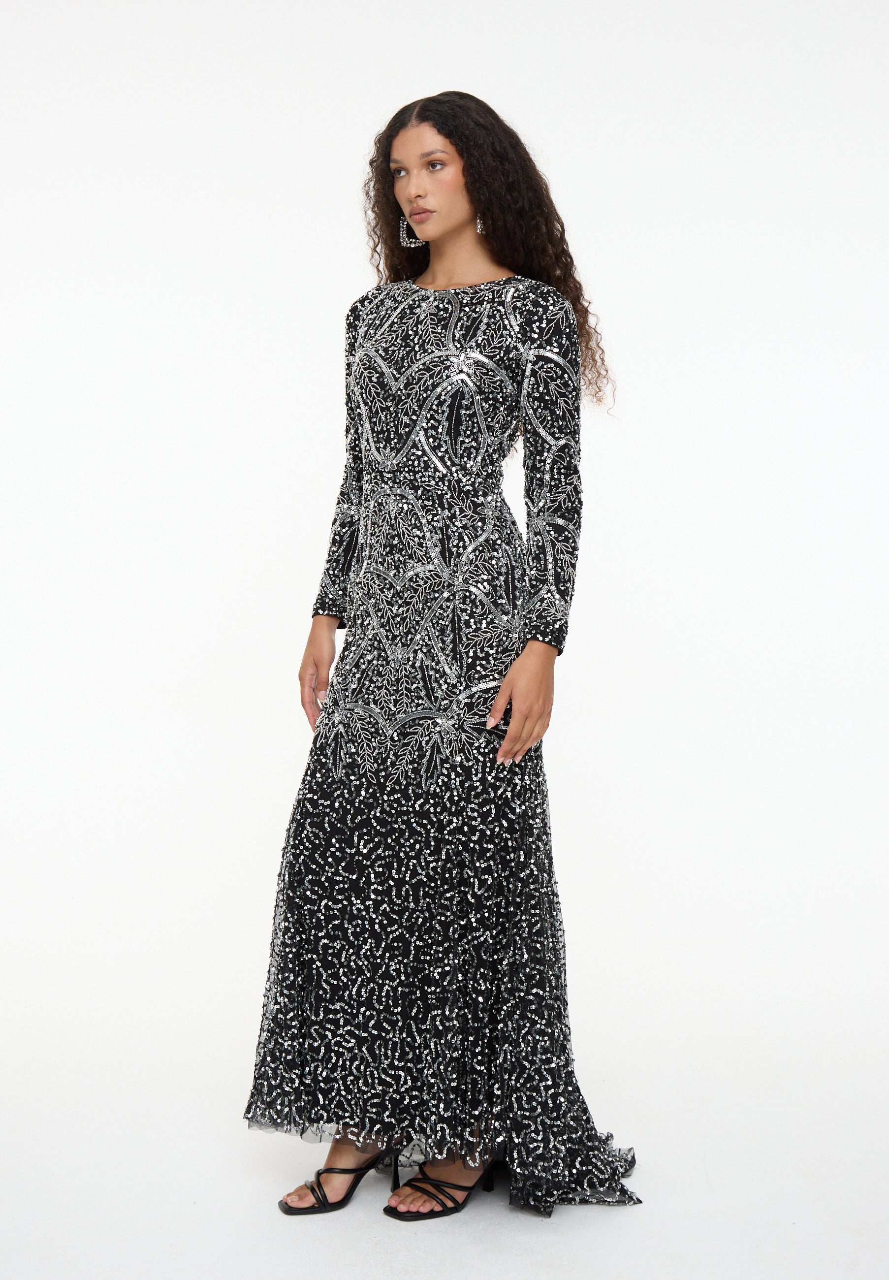 embellished sleeve maxi dress Kellan Long Sleeve Embellished Split Maxi Dress In Silver Mew Mews